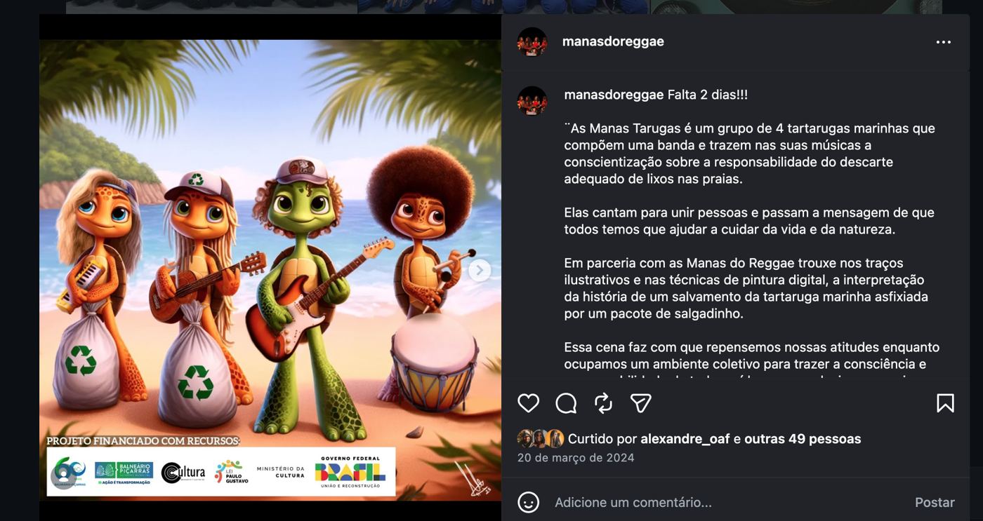 Ilustração de quatro tartarugas musicistas para a banda Manas do Reggae